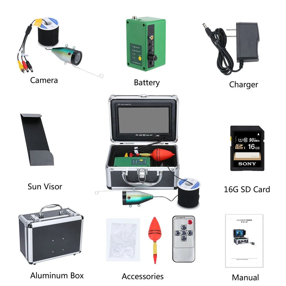 1080P Fish Finder with DVR 7 Inch Underwater Fishing Camera Double Lamp 15M/30M 16G TF Card for Winter/Sea/Ice Fisherman Fishing Allinoneshop-24