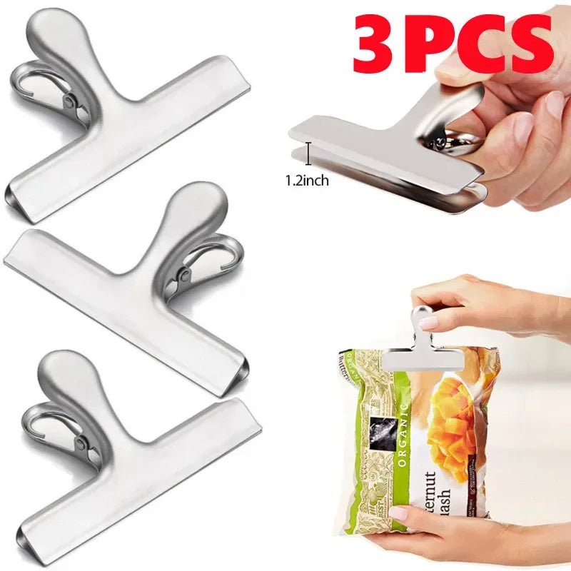 3Pcs Stainless Steel Bag Clipsf for Food Heavy Duty Metal Silver Food Clips Office Paper Clamps Air Tight Seal Snack Clips Allinoneshop-24