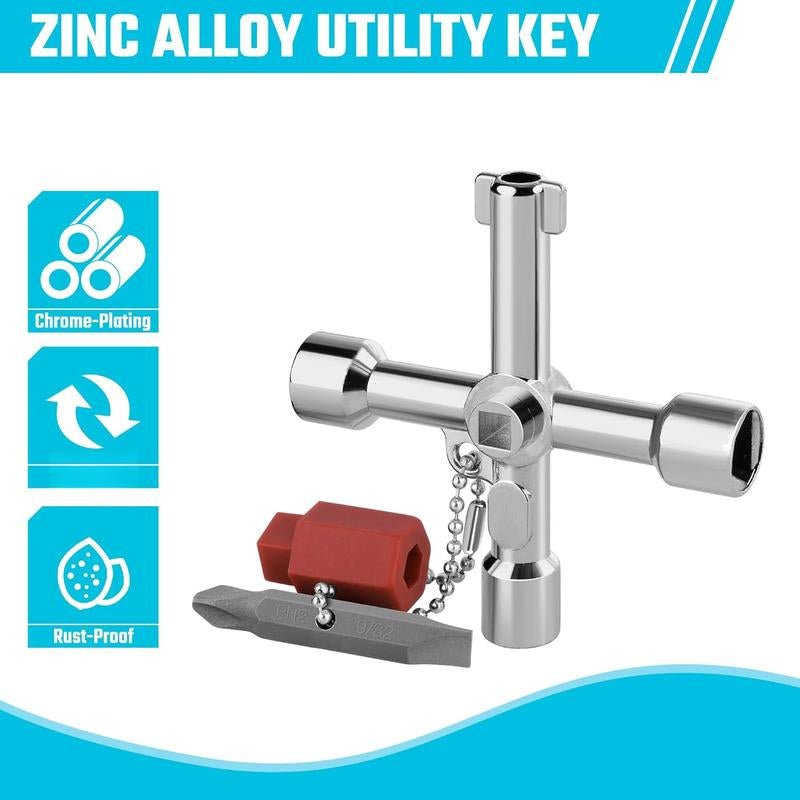 4 Way Sillcock Key with Bit, Multi-Functional Water Key, Cross Key, 1-Pack, for Valve, Faucet, and Spigots Allinoneshop-24