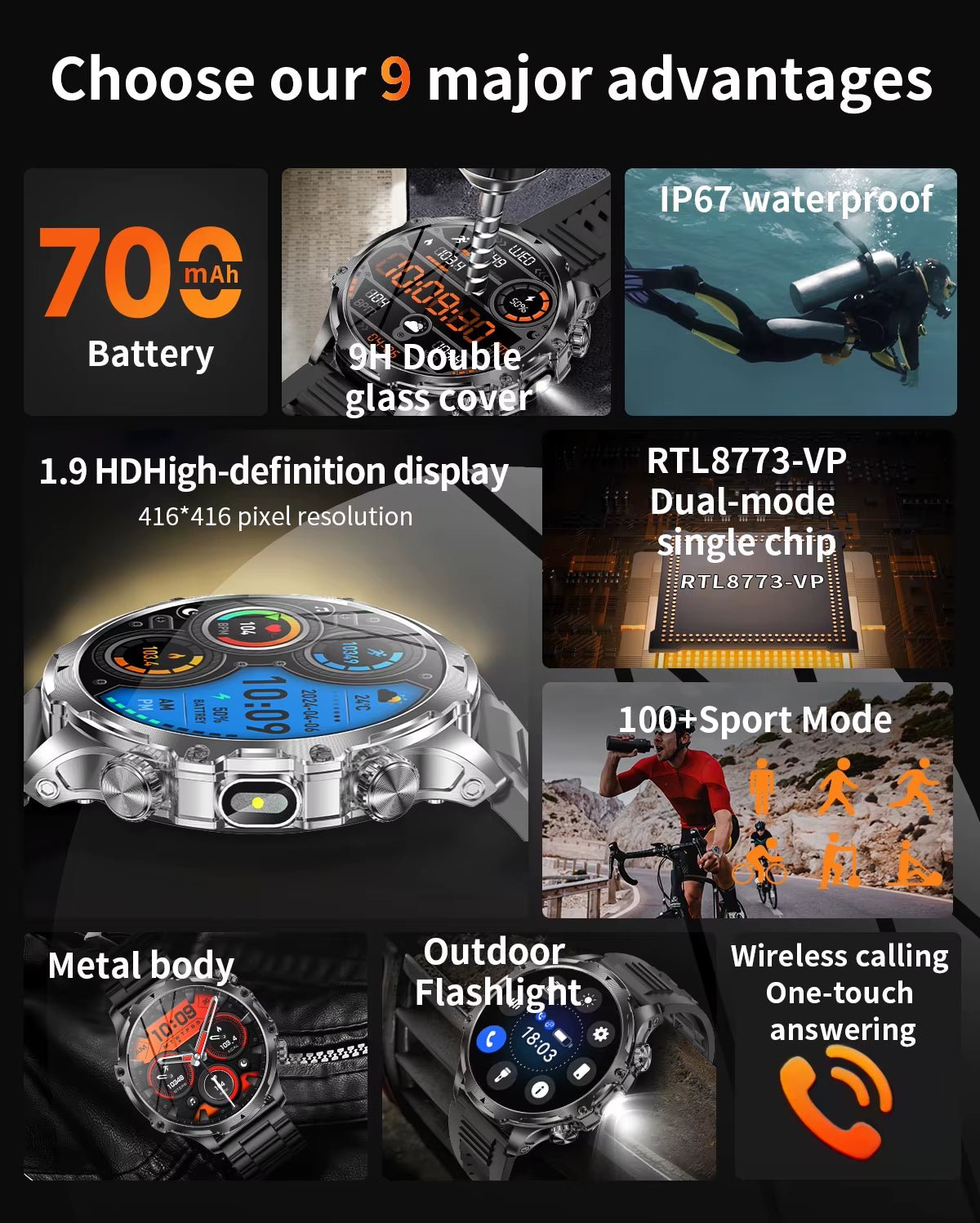 AK75 Smart Watch Flashlight 1.9Inch Men Outdoors Sports Fitness Tracker 700Mah Large Battery BT Calling LED Light Smartwatch Allinoneshop-24