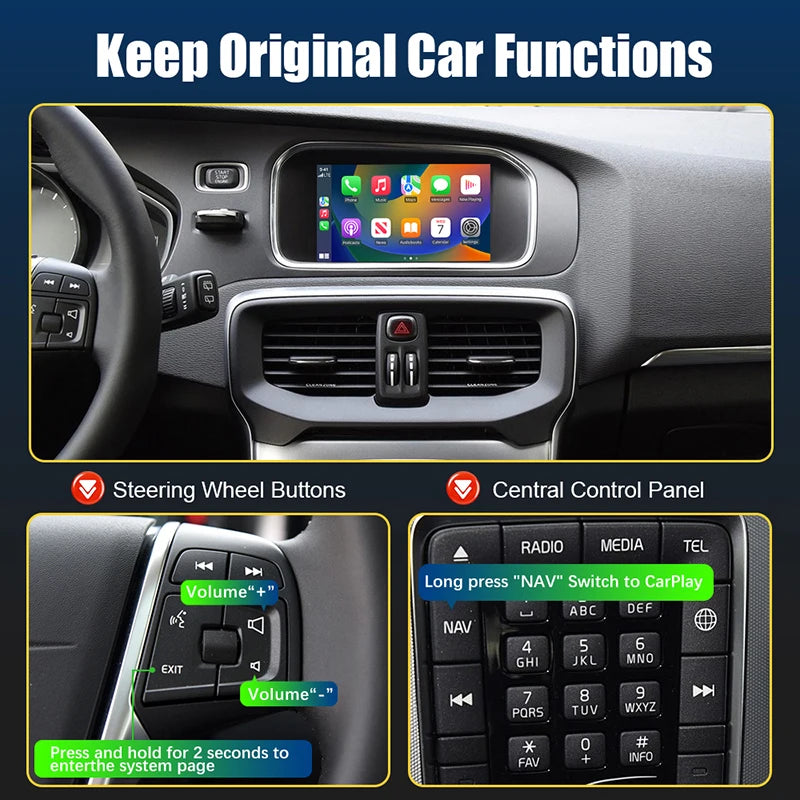 Wireless CarPlay for Volvo V40 2015-2019 7" Screen Android Auto Interface Mirror Link AirPlay Car Play Support Reverse Camera