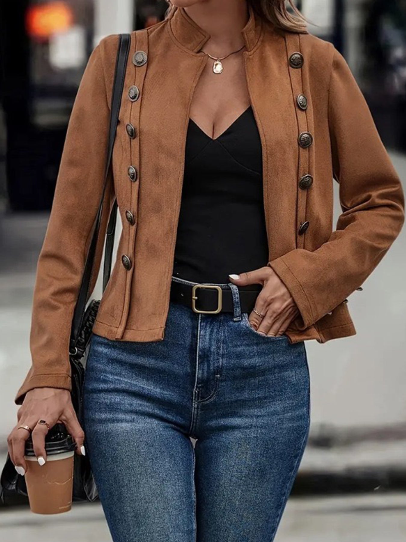 Brown Elegant Double-Breasted Jacket - High Neck, Buttoned Placket, Micro-Elastic, Street Style Solid Color Women'S Jacket - Suitable for Winter Amazon Does Not Sell Allinoneshop-24