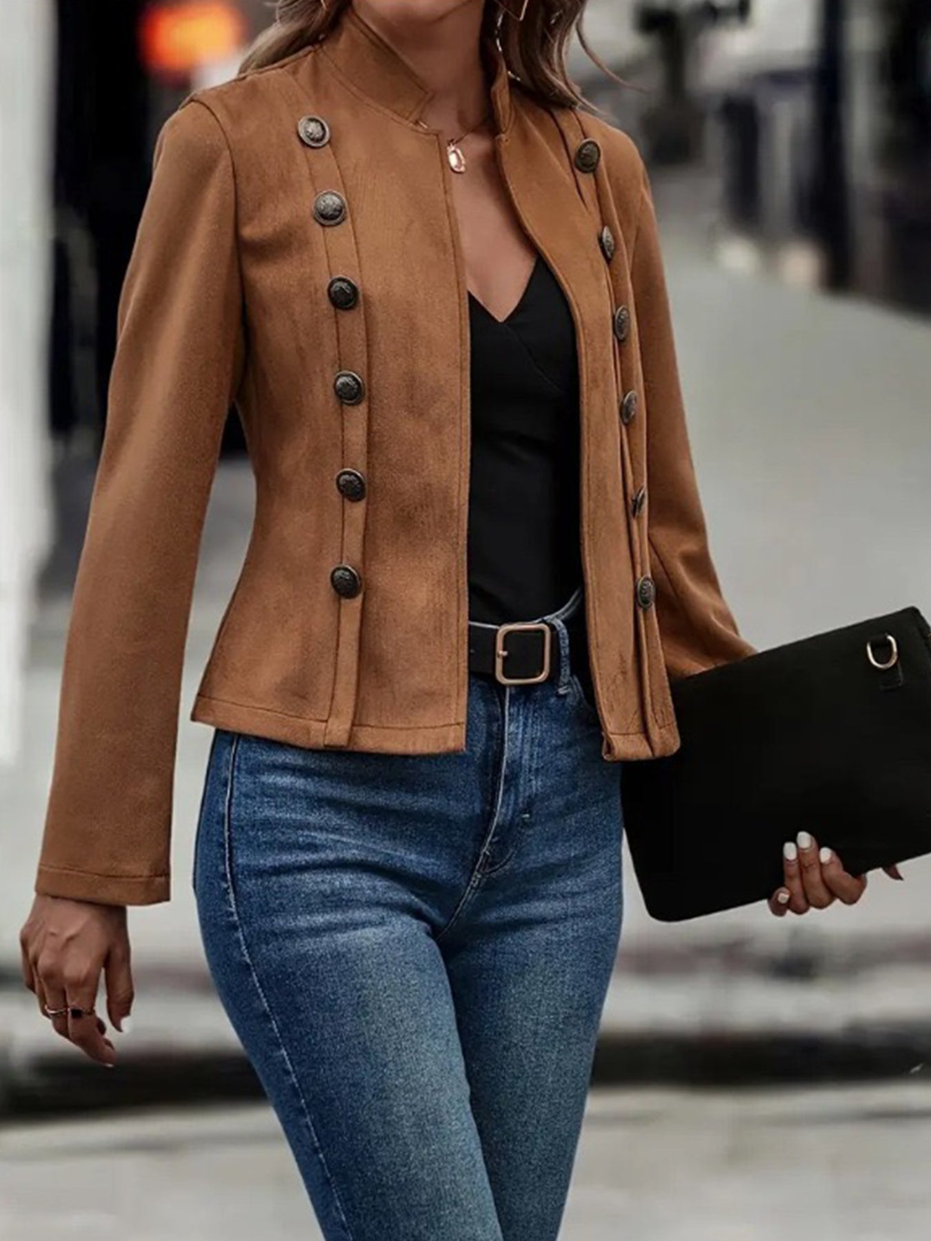 Brown Elegant Double-Breasted Jacket - High Neck, Buttoned Placket, Micro-Elastic, Street Style Solid Color Women'S Jacket - Suitable for Winter Amazon Does Not Sell Allinoneshop-24
