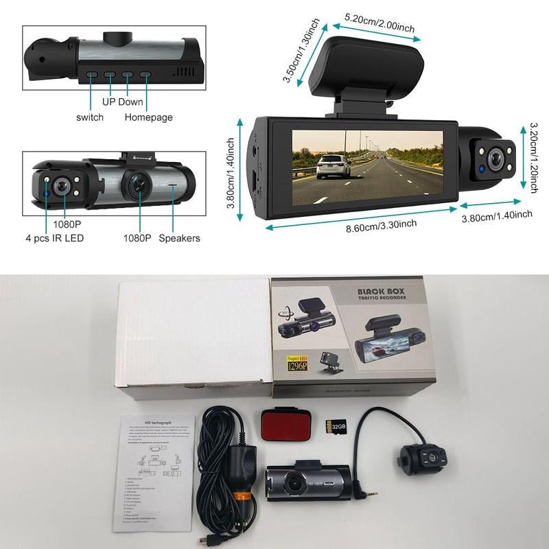 Car Dash Cam with Front and Rear Camera, 1 Count Car Dashboard Wide Angle Dash Cam with IR Night Vision, Loop Recording Car Camera with 32GB TF Card Allinoneshop-24