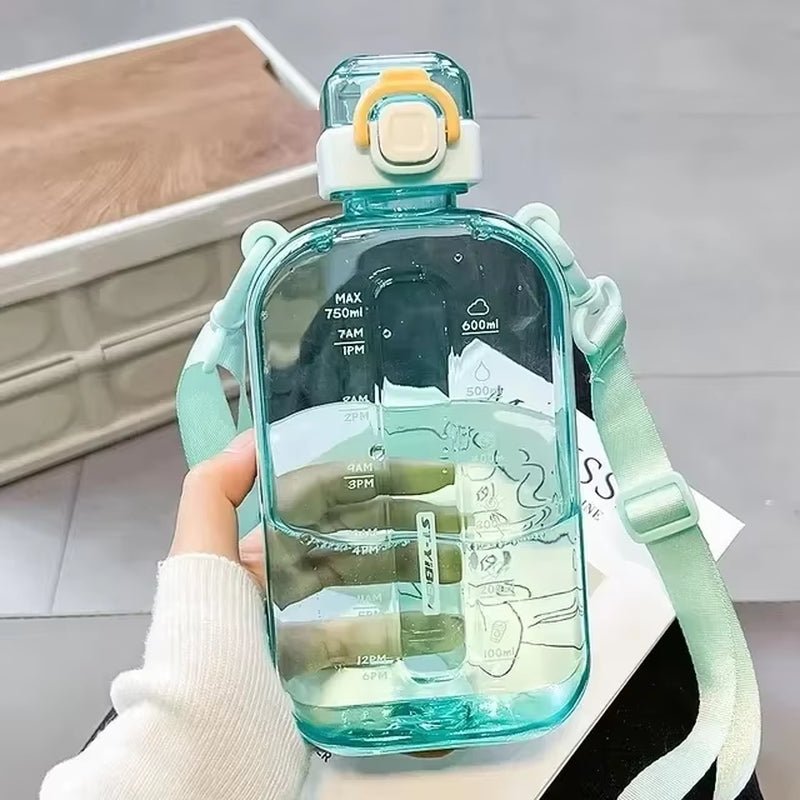 Flat Square Transparent Water Bottle Portable Travel Canteen with Adjustable Strap Elegant Slim Bottle for Sport Camping Allinoneshop-24