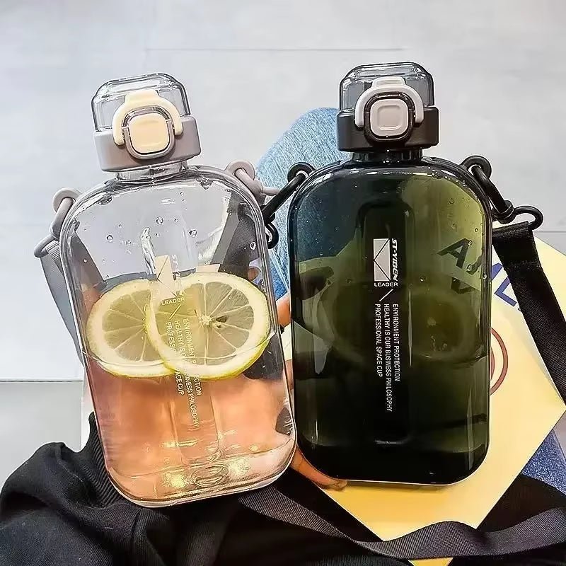 Flat Square Transparent Water Bottle Portable Travel Canteen with Adjustable Strap Elegant Slim Bottle for Sport Camping Allinoneshop-24