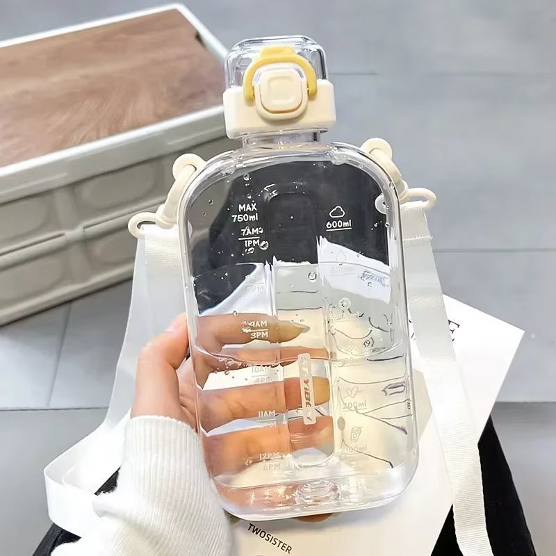 Flat Square Transparent Water Bottle Portable Travel Canteen with Adjustable Strap Elegant Slim Bottle for Sport Camping Allinoneshop-24