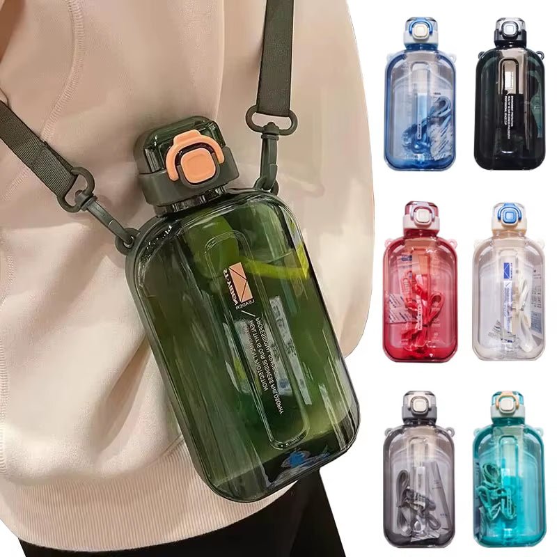 Flat Square Transparent Water Bottle Portable Travel Canteen with Adjustable Strap Elegant Slim Bottle for Sport Camping Allinoneshop-24