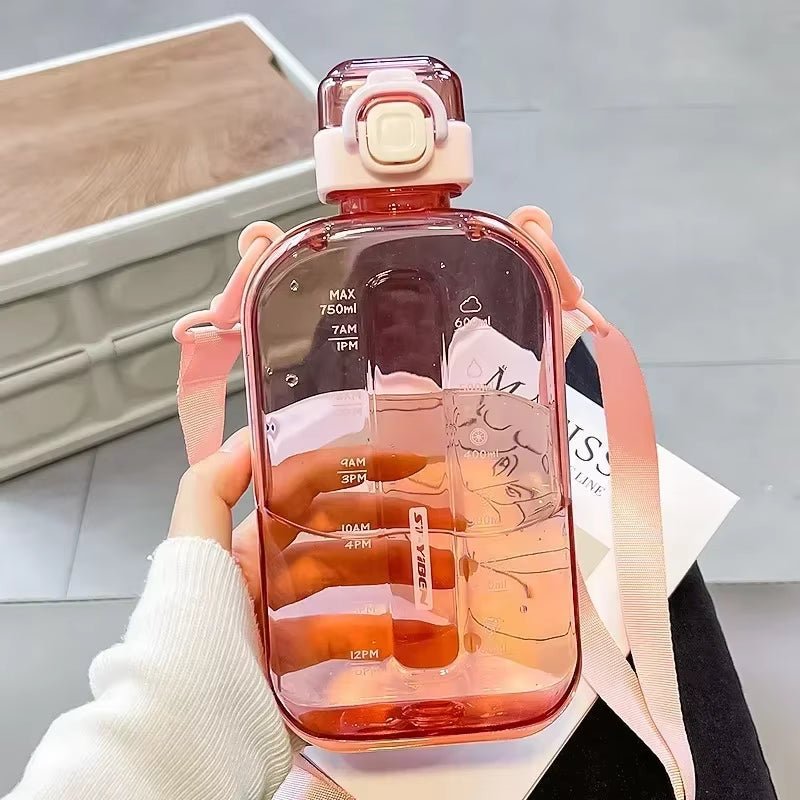 Flat Square Transparent Water Bottle Portable Travel Canteen with Adjustable Strap Elegant Slim Bottle for Sport Camping Allinoneshop-24