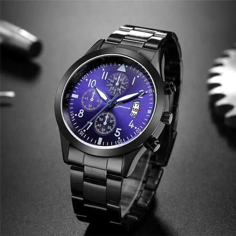 Geneva Watches Men Luxury Men Watches Black Stainless Steel Blue Face Quartz Watch Men Sports Watches Reloj Hombre Horloge Heren Allinoneshop-24