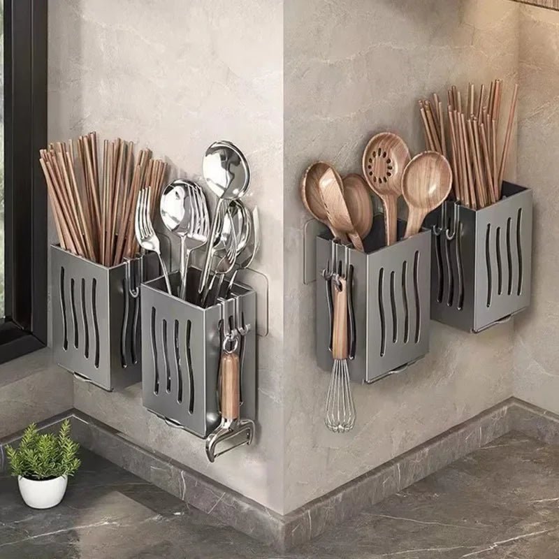 Household Kitchen Utensil Rack Multifunctional Draining Chopstick Holder Wallmounted Freestanding Cutlery Storage Plastic Holder Allinoneshop-24