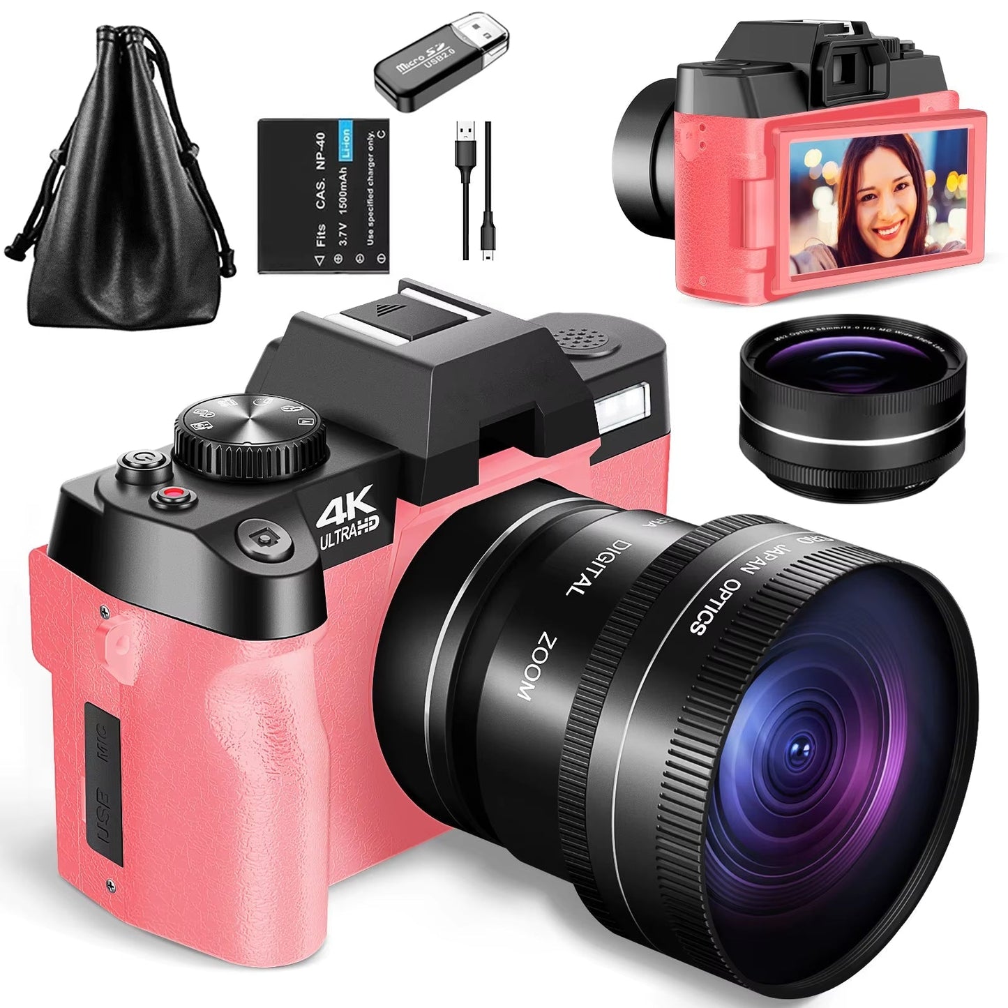 Macro Lens 4K Pink Digital Camera Flip Screen Selfie Camera 48MP Youtube Vlog WIFI Network Camera 16X Digital Zoom Allinoneshop-24