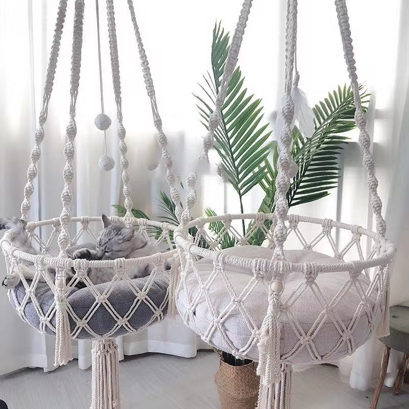 New Pet Hammock Cat Swing Hand Woven Cotton Rope Cats Hanging Basket Kitten Hanging String Den Indoor Pend Nest Pets Supplies Allinoneshop-24