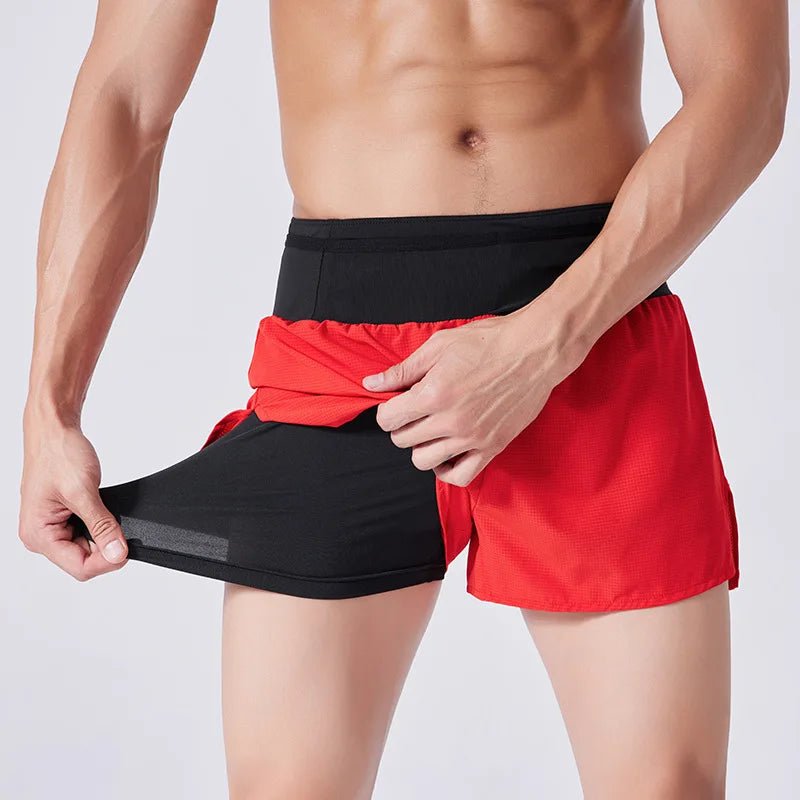 (S - 4XL)Men Women Teens Double Layer Quick Dry Marathon Running Sport Shorts with Zipper Pocket Trackless Fitness Training Shorts - Allinoneshop - 24