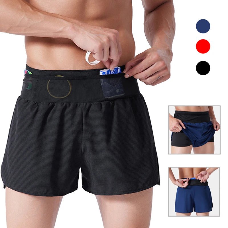 (S - 4XL)Men Women Teens Double Layer Quick Dry Marathon Running Sport Shorts with Zipper Pocket Trackless Fitness Training Shorts - Allinoneshop - 24