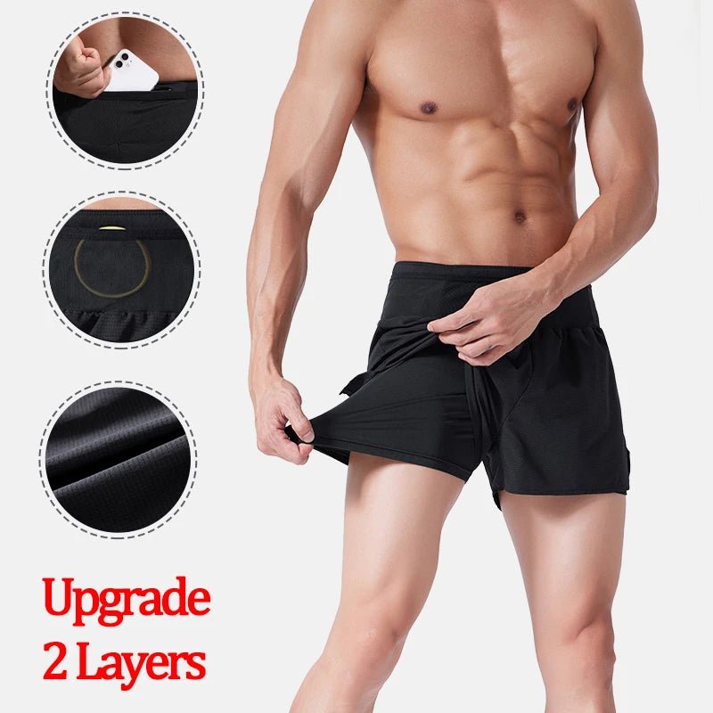 (S - 4XL)Men Women Teens Double Layer Quick Dry Marathon Running Sport Shorts with Zipper Pocket Trackless Fitness Training Shorts - Allinoneshop - 24