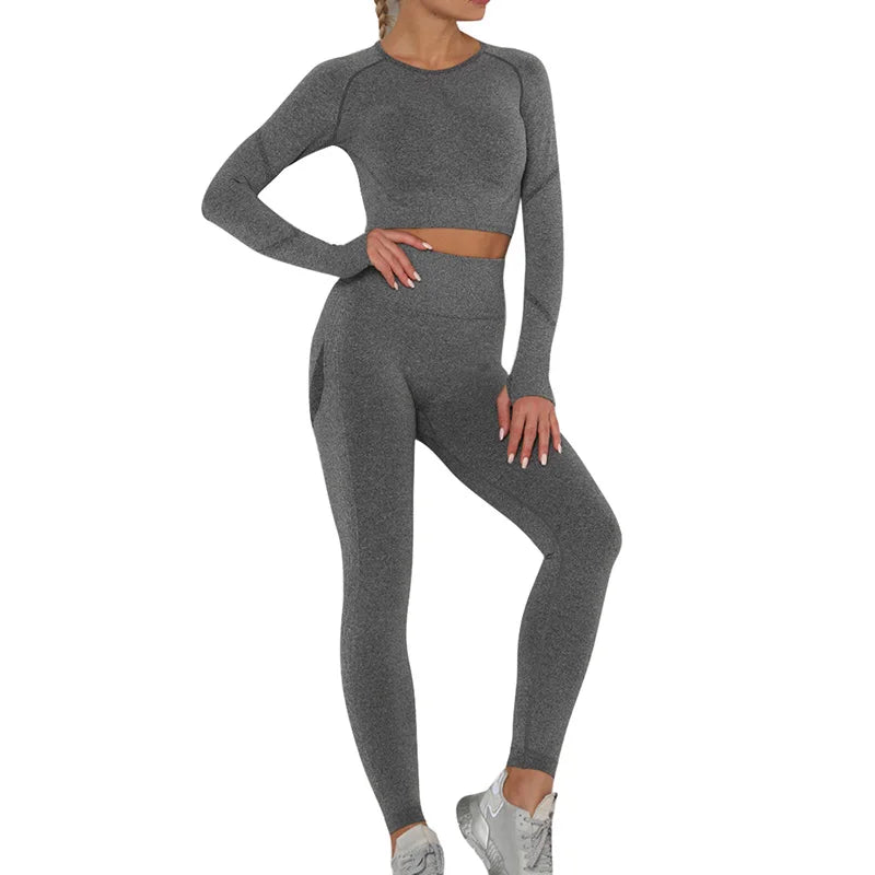 Seamless Women Gym Set Long Sleeve Top Belly Control High Waist Sport Leggings Gym Clothes Girls Tracksuit Sport Suit Sportwear Allinoneshop-24