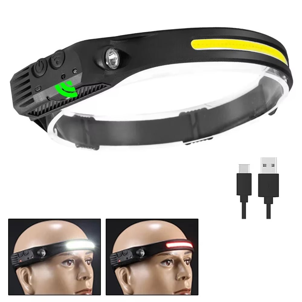 Sensor Headlamp COB LED Head Lamp Flashlight USB Rechargeable Head Torch 5 Lighting Modes Head Light with Built-In Battery Allinoneshop-24