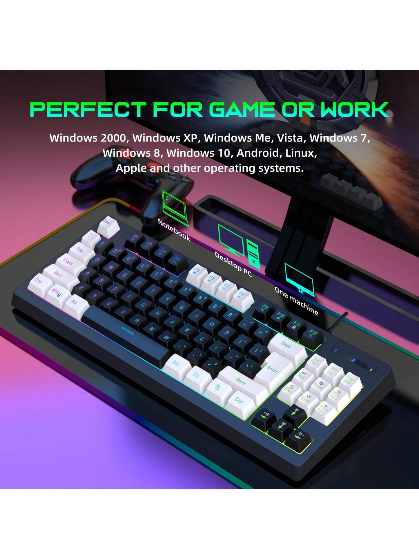 Snpurdiri Snpurdiri Rgb Illuminated, Compact Gaming Keyboard, Usb Cable 87-Key Gaming Keyboard, Led Rainbow Backlit Keyboard, Membrane Keyboard, Suitable for Laptop, Pc Gaming, and Work Keyboard Allinoneshop-24