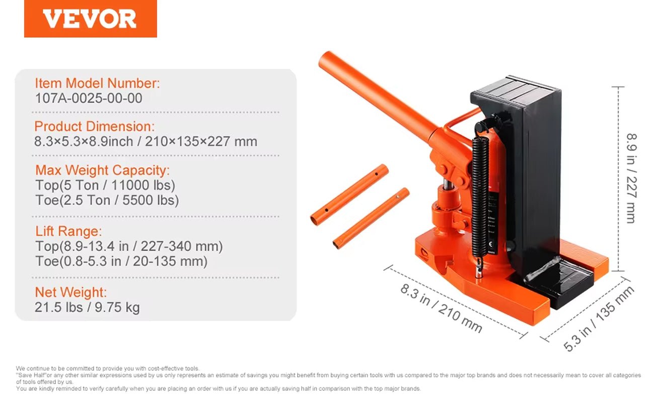 Succebuy Hydraulic Toe Jack 2.5 Ton on Toe Toe Jack Lift 5 Ton Top Lift Capacity Machine Jack 0.8-5.3 in Toe Height 8.9-13.4 Top Allinoneshop-24