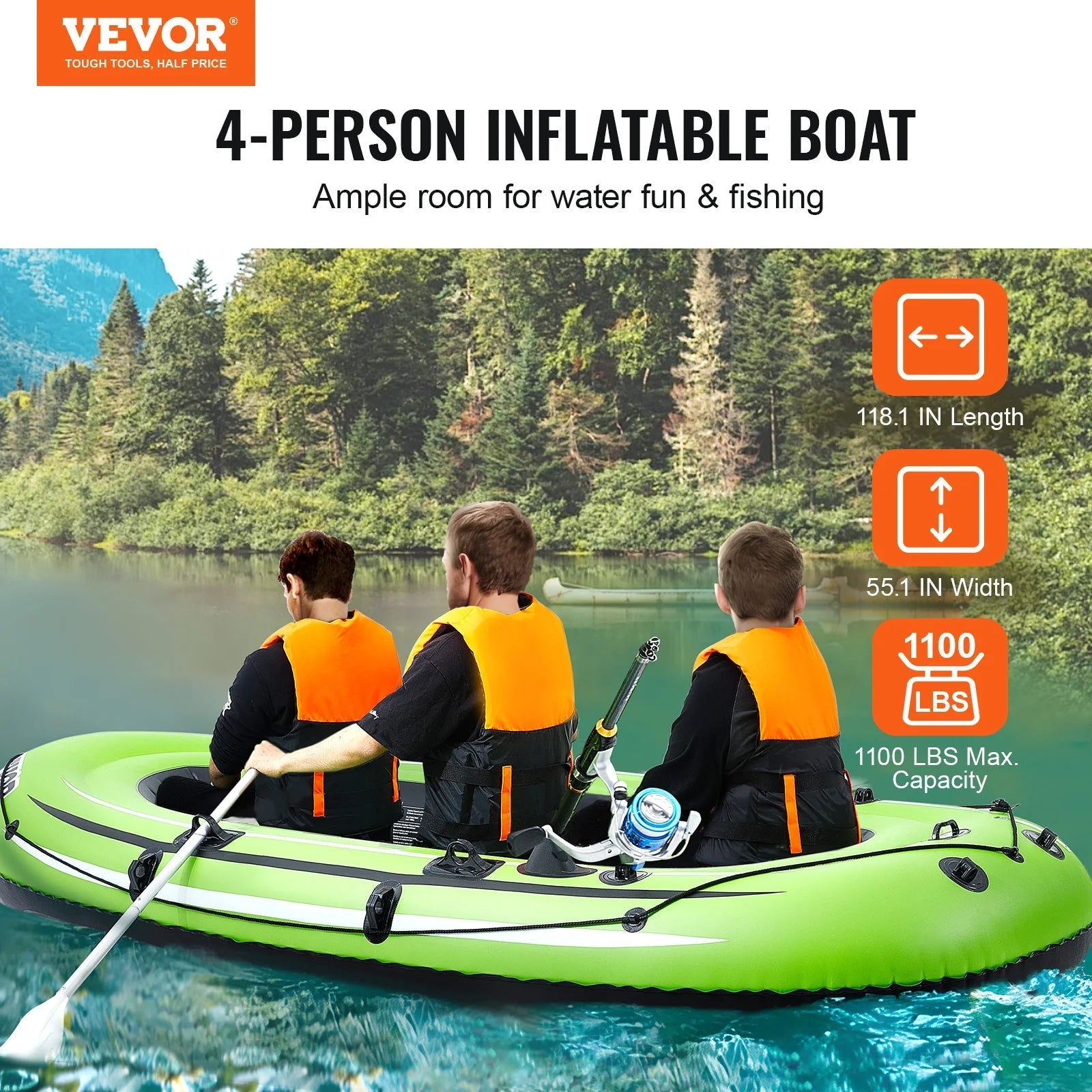 Succebuy Inflatable Boat 4-Person Inflatable Fishing Boat Strong Portable Boat Raft Kayak 45.6" Aluminum Oars High Output Pump Allinoneshop-24