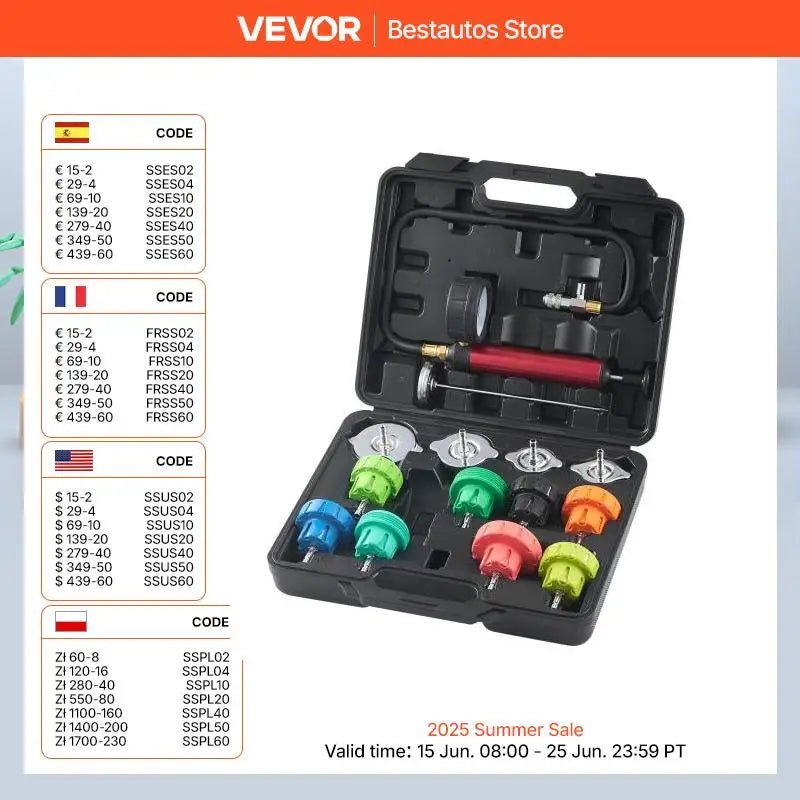 Succebuy Universal Radiator Pressure Tester Kit Manual Pump Color-Coded Steel Test Cap Adapters Toolbox for Car Motorcycle Truck Allinoneshop-24