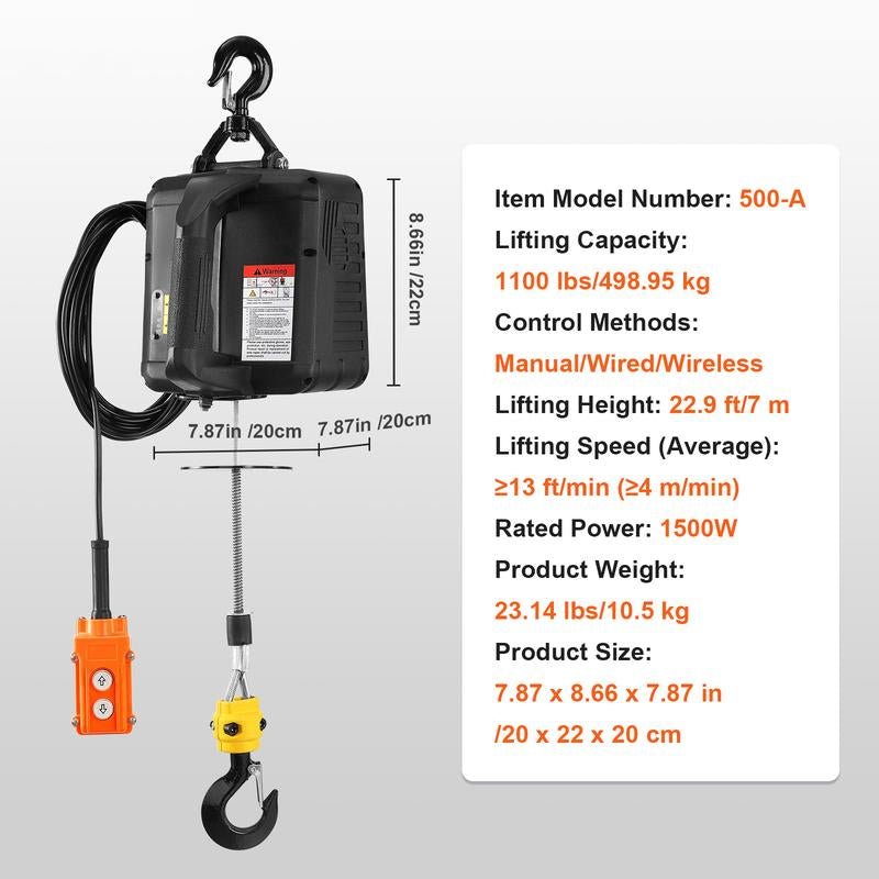 VEVOR Electric Hoist Winch, 1500W Portable Power Winch Crane, Various Specifications, Wired and Wireless Remote Control, Overload Protection Allinoneshop-24