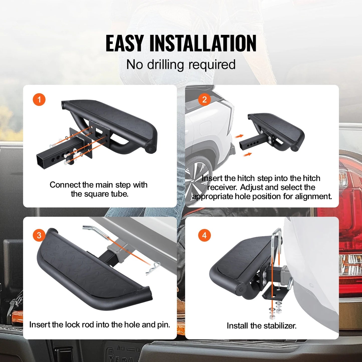 VEVOR Hitch Step for 2" Receiver Steel Construction Rear Bumper Guard Protector with Pin Lock and Stabilizer, Fit for Truck, SUV Allinoneshop-24