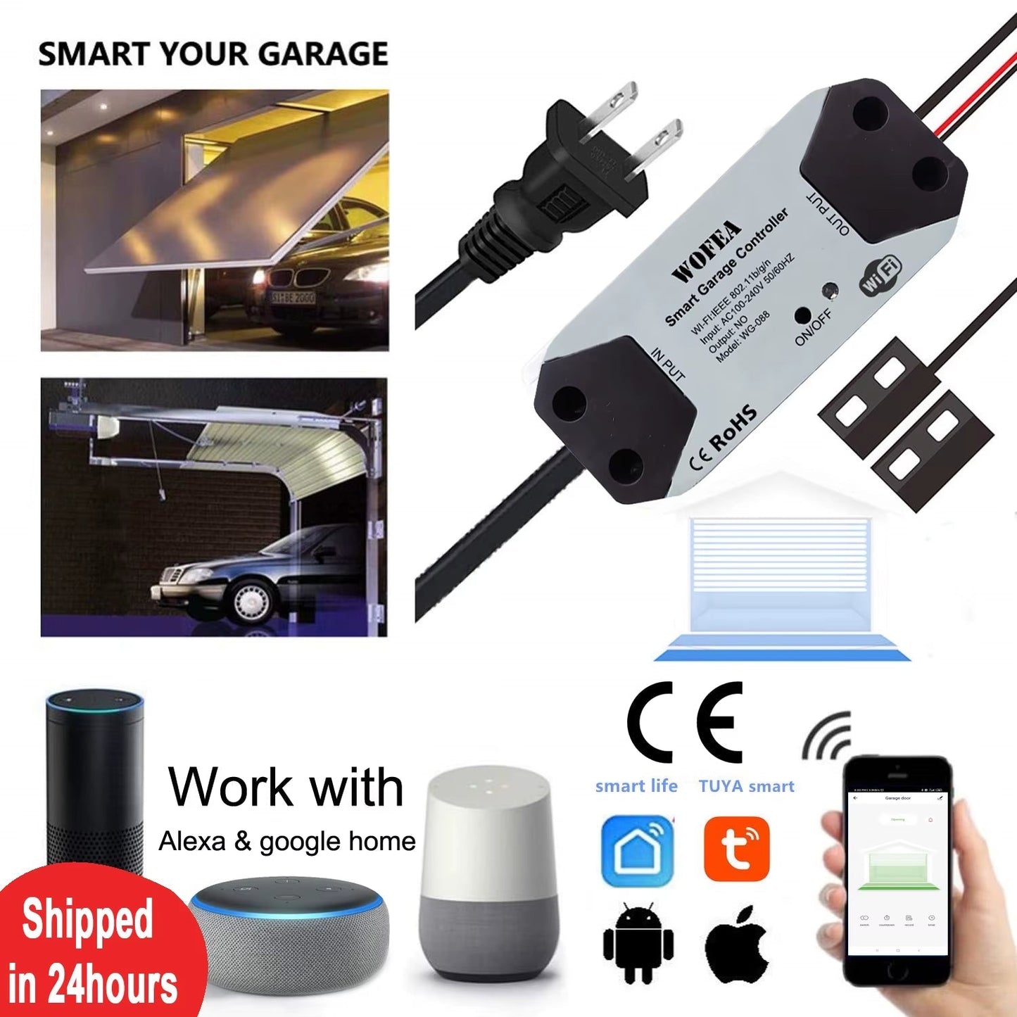Wifi Switch Smart Garage Door Opener Controller Work with Alexa Echo Google Home Smartlife/Tuya APP Control No Hub Require Allinoneshop-24