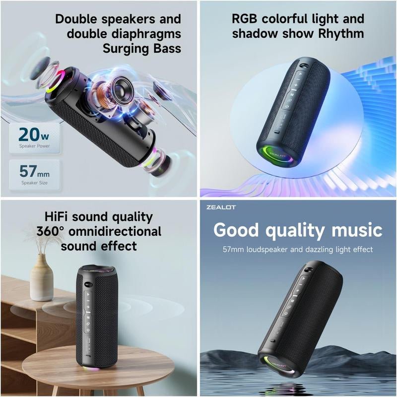 ZEALOT S49Pro Wireless Portable Speaker, 20W High Power Long Endurance Waterproof Speaker with RGB Light Effect, Rechargeable Speaker, High Power Speaker, Bluetooth-Compatible Speaker for Indoor, Outdoor, Hiking, Camping Allinoneshop-24