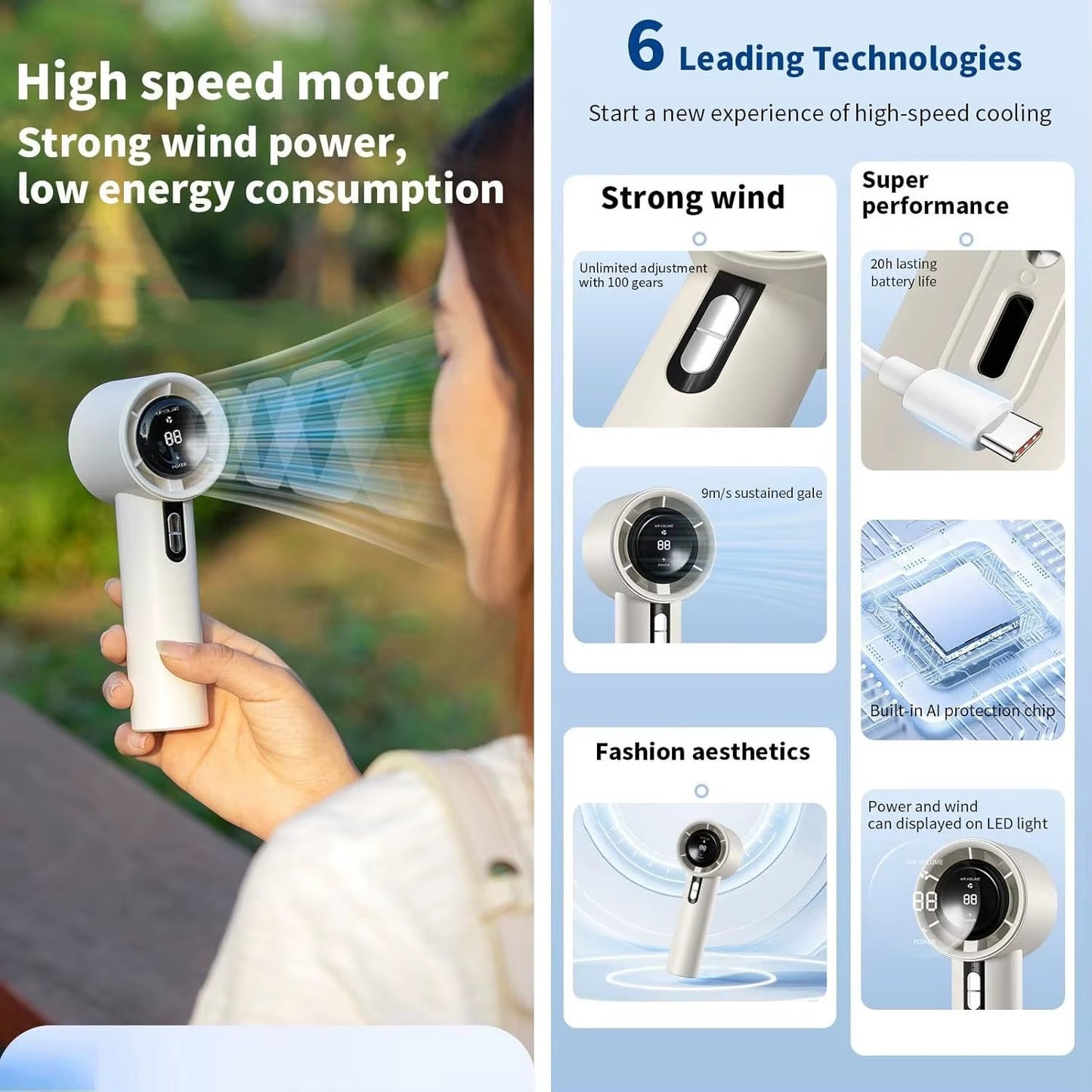 100 Gears Portable Handheld High-Speed Mini Fan LED Power Display Outdoor High-Speed Handheld Small Fan Allinoneshop-24