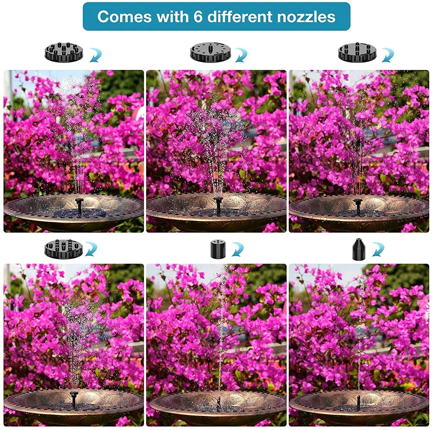 1.5W Solar Fountain Pump, with 6 nozzles Solar Bird Bath Fountain, Water Pump Floating Fountains Suitable for Ponds - Allinoneshop - 24