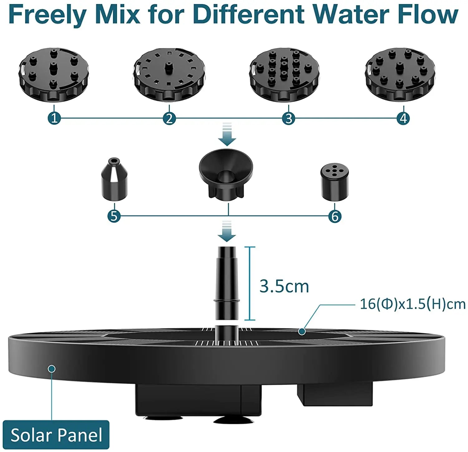 1.5W Solar Fountain Pump, with 6 nozzles Solar Bird Bath Fountain, Water Pump Floating Fountains Suitable for Ponds - Allinoneshop - 24