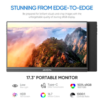 17.3 FHD Portable Monitor 1080P External Display IPS Screen with USB C Mini-Hdmi Port for Laptop Mac PC Xbox PS Switch Allinoneshop-24