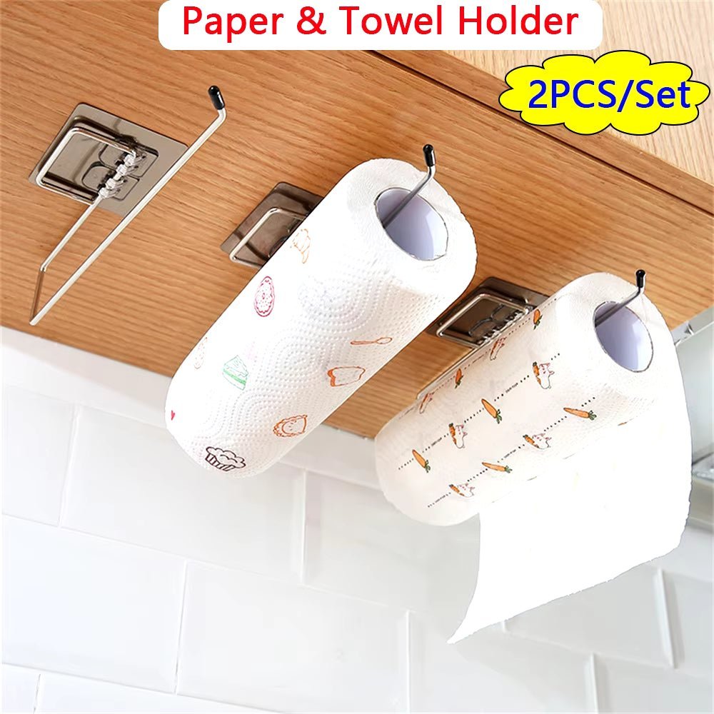 2PCS Kitchen Paper Towel Holder Adhesive Toilet Paper Rack Towel Hanger Tissue Dispenser Roll Napkin Cabinet Storage Accessories Allinoneshop-24