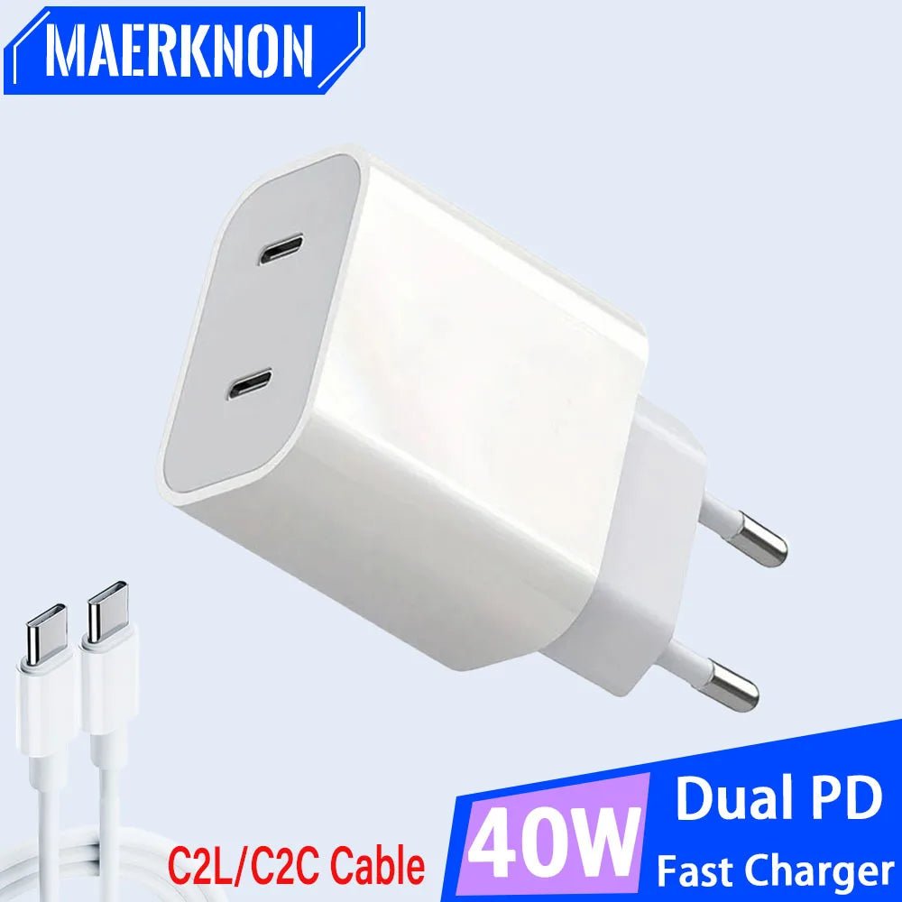 40W Dual PD USB C Charger Quick Charge 3.0 Type C EU/US Plug Phone Charger Adapter for Apple Iphone 15 14 Pro Max Samsung Xiaomi Allinoneshop-24