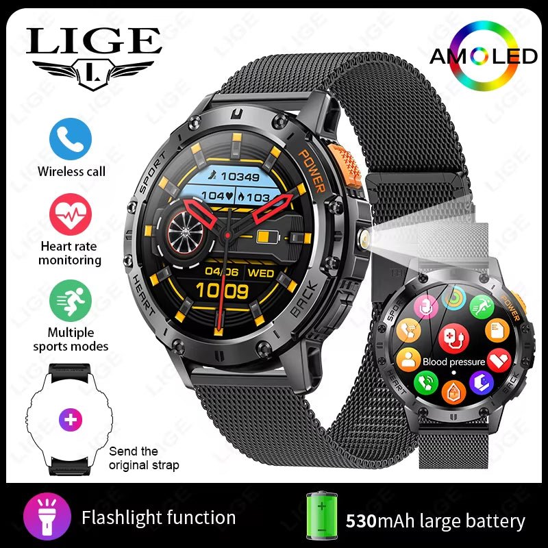 466*466 HD Screen Smart Watch Bluetooth Call Outdoor Sports Men Smartwatch with Flashlight Heart Rate Monitor Remote Camera Allinoneshop-24