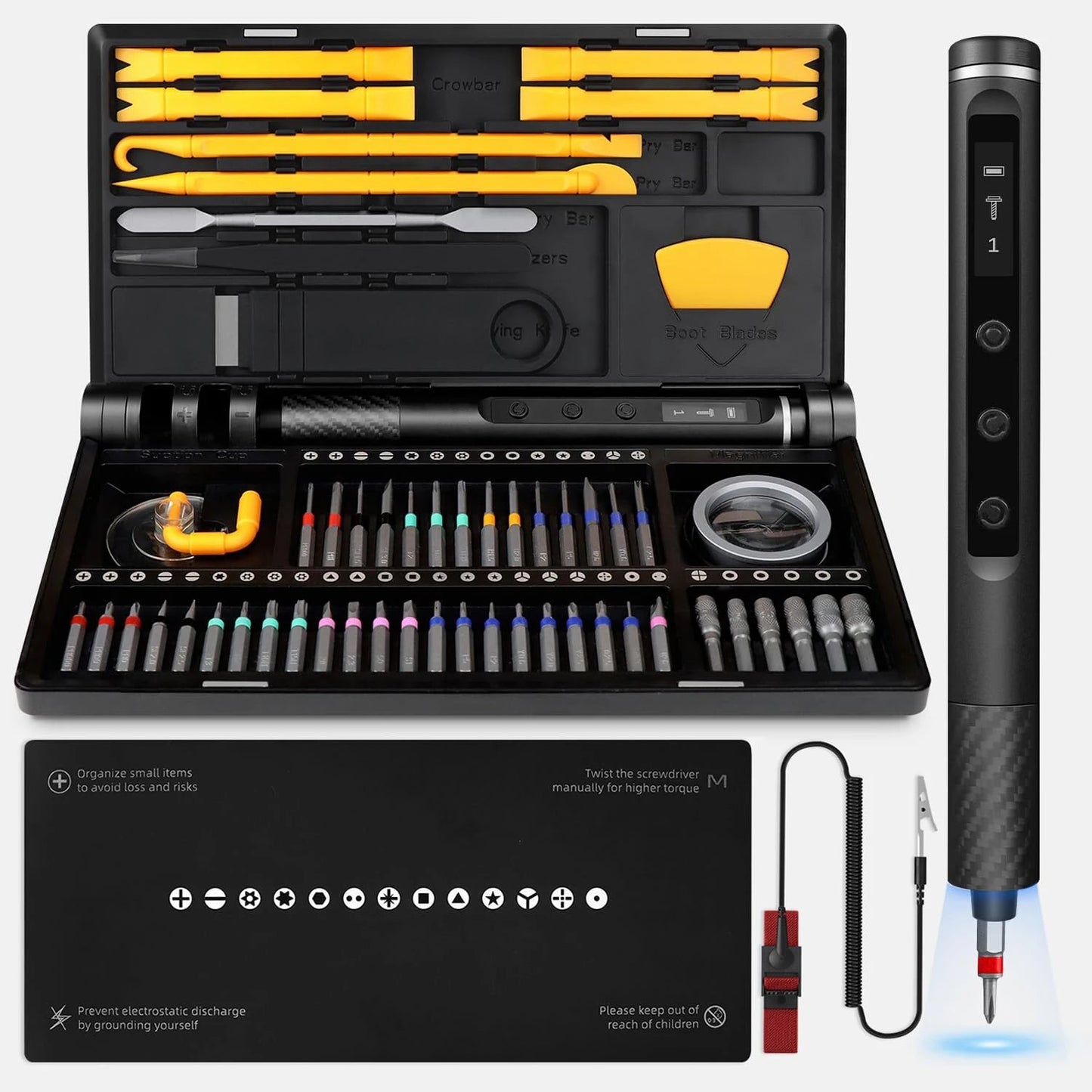 71 in 1 Precision Electric Screwdriver Set Cordless with 48 Magnetic Bits Phillips Led5Torque 0.52N Tweezers PC Phone Repair Kit Allinoneshop-24