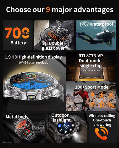 AK75 Smart Watch Flashlight 1.9Inch Men Outdoors Sports Fitness Tracker 700Mah Large Battery BT Calling LED Light Smartwatch Allinoneshop-24