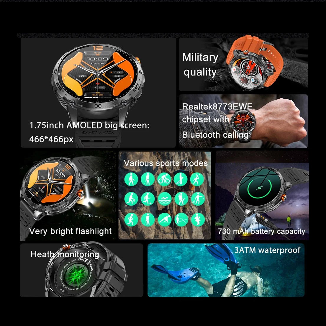 AMOLED Screen Men Women Outdoor Flashlight Smart Watch Blue Tooth Call Sports Fitness Tracker Health Sleep Monitor Smartwatch Allinoneshop-24