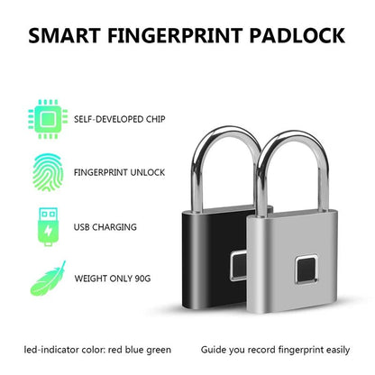 Black Silver USB Rechargeable Door Smart Lock Fingerprint Padlock Quick Unlock Zinc Alloy Metal High Identify Security Lock Allinoneshop-24