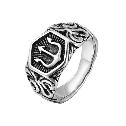 Black Tridant Signet Ring for Men, 13.3Mm Chunky Wide Hexagon Geometric Top Finger Band, Strength Power Symbol Jewelry Allinoneshop-24