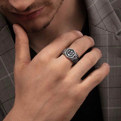Black Tridant Signet Ring for Men, 13.3Mm Chunky Wide Hexagon Geometric Top Finger Band, Strength Power Symbol Jewelry Allinoneshop-24