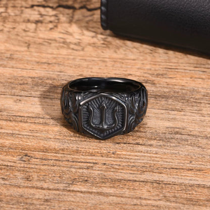 Black Tridant Signet Ring for Men, 13.3Mm Chunky Wide Hexagon Geometric Top Finger Band, Strength Power Symbol Jewelry Allinoneshop-24