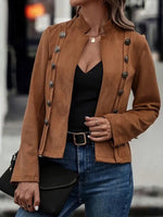 Brown Elegant Double-Breasted Jacket - High Neck, Buttoned Placket, Micro-Elastic, Street Style Solid Color Women'S Jacket - Suitable for Winter Amazon Does Not Sell Allinoneshop-24