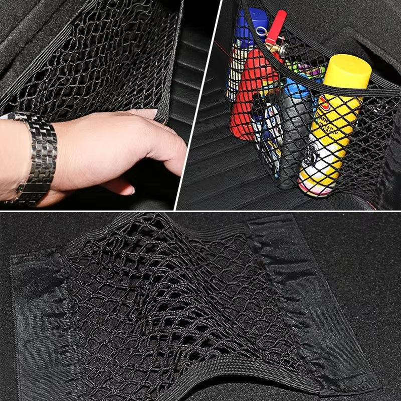 Car Back Rear Mesh Trunk Seat Elastic String Net Magic Sticker Universal Storage Bag Pocket Cage Auto Organizer Seat Back Bag Allinoneshop-24