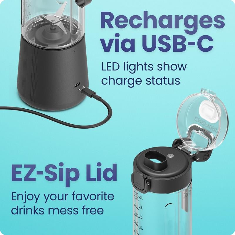 Chefman Cordless Portable Blender 16 Oz Rechargeable with Stainless-Steel Blades - USB-C Charging, LED Indicators, Sipping Lid & Carrying Strap Allinoneshop-24