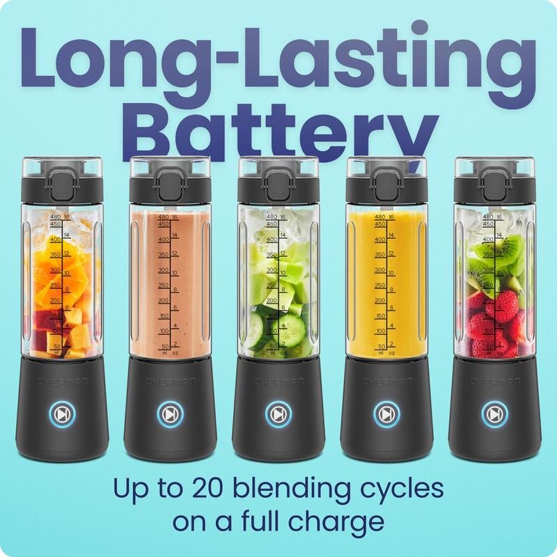 Chefman Cordless Portable Blender 16 Oz Rechargeable with Stainless-Steel Blades - USB-C Charging, LED Indicators, Sipping Lid & Carrying Strap Allinoneshop-24
