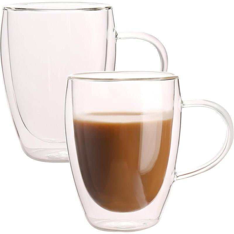 Double Wall Glass Mug - 12Oz Coffee/Tea or Hot/Cold Drinkware - 2 Mugs Set Beverage Tumblers Cup Lightweight Borosilicate Thick Allinoneshop-24