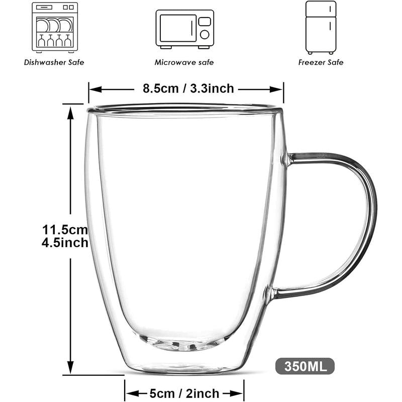 Double Wall Glass Mug - 12Oz Coffee/Tea or Hot/Cold Drinkware - 2 Mugs Set Beverage Tumblers Cup Lightweight Borosilicate Thick Allinoneshop-24